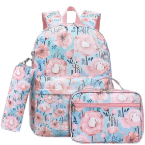 3 Pcs Floral Backpack with USB Charging Bookbag Lunch Box Pencil Case