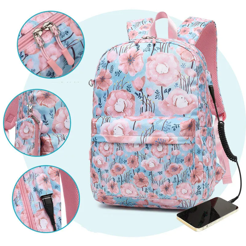 3 Pcs Floral Backpack with USB Charging Bookbag Lunch Box Pencil Case