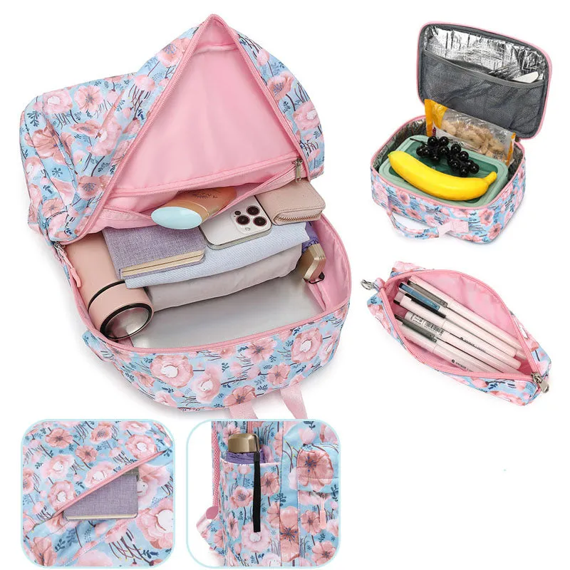 3 Pcs Floral Backpack with USB Charging Bookbag Lunch Box Pencil Case