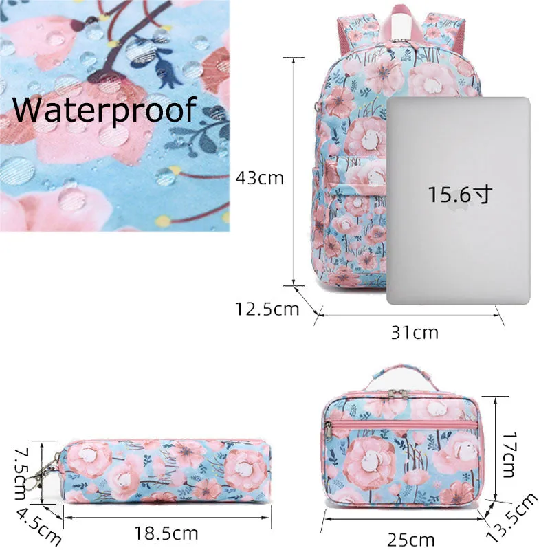 3 Pcs Floral Backpack with USB Charging Bookbag Lunch Box Pencil Case