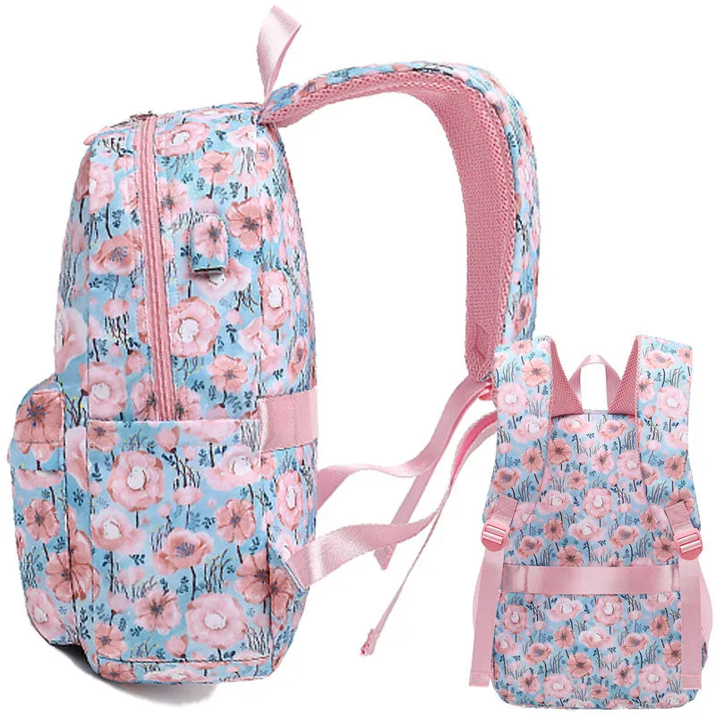3 Pcs Floral Backpack with USB Charging Bookbag Lunch Box Pencil Case