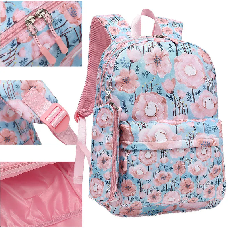 3 Pcs Floral Backpack with USB Charging Bookbag Lunch Box Pencil Case