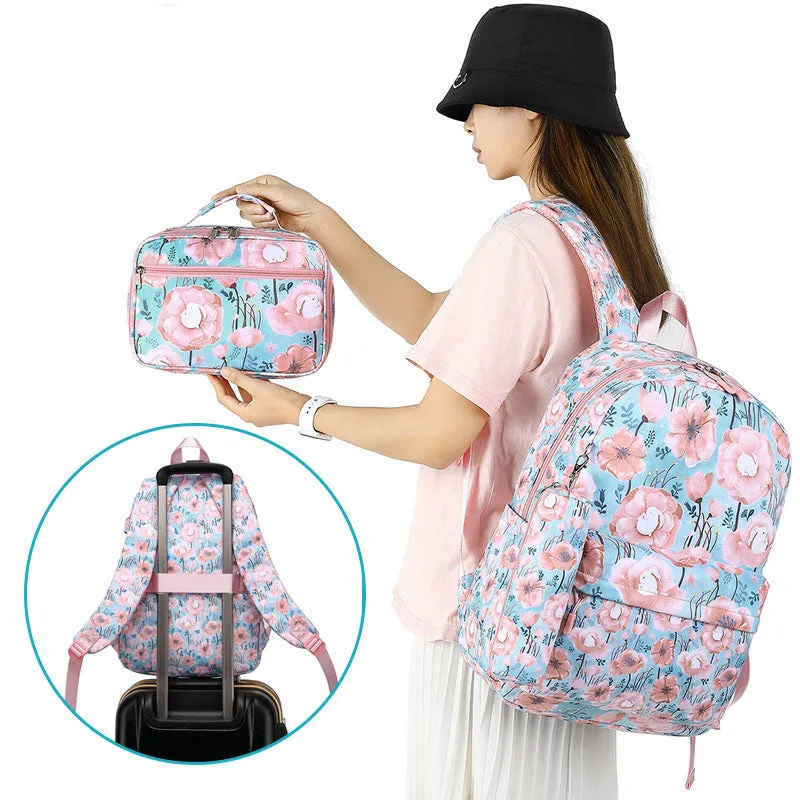 3 Pcs Floral Backpack with USB Charging Bookbag Lunch Box Pencil Case