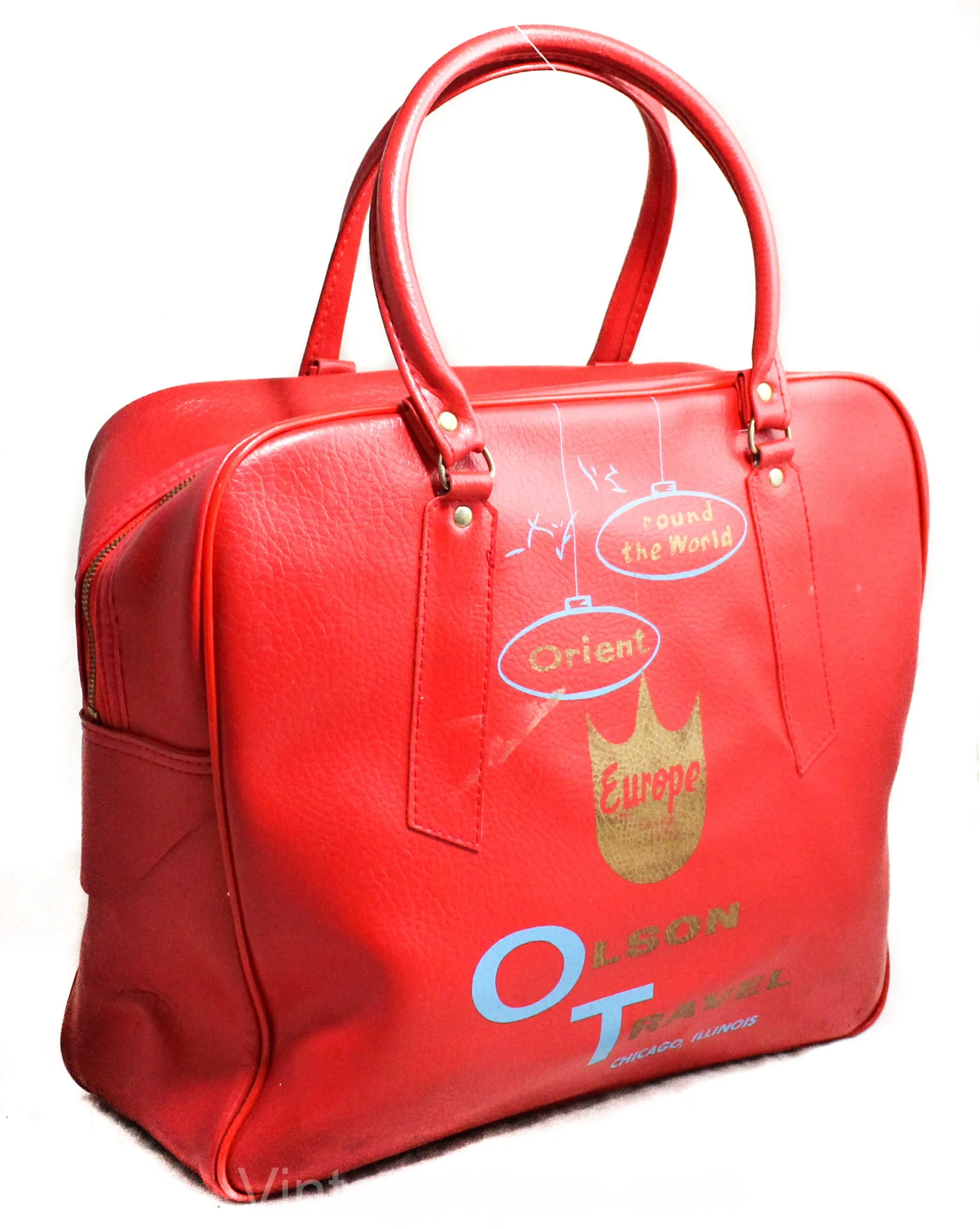 60s Red Tote Bag - Mod Travel Luggage - 1960s World Traveler Flight Suitcase - Mid Century Print Vinyl Travel Agency Logo - Two Handle Bag