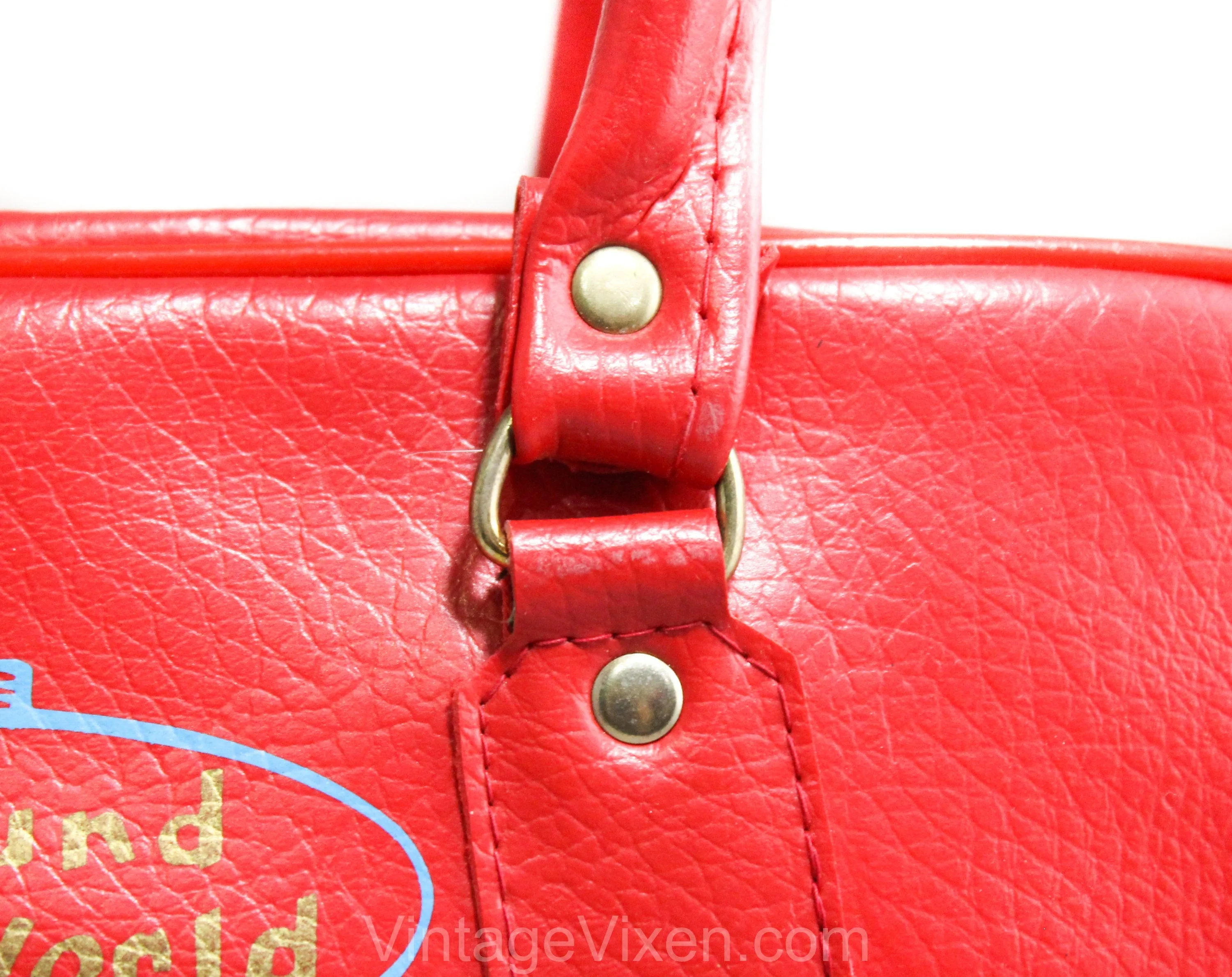 60s Red Tote Bag - Mod Travel Luggage - 1960s World Traveler Flight Suitcase - Mid Century Print Vinyl Travel Agency Logo - Two Handle Bag