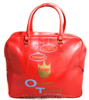 60s Red Tote Bag - Mod Travel Luggage - 1960s World Traveler Flight Suitcase - Mid Century Print Vinyl Travel Agency Logo - Two Handle Bag