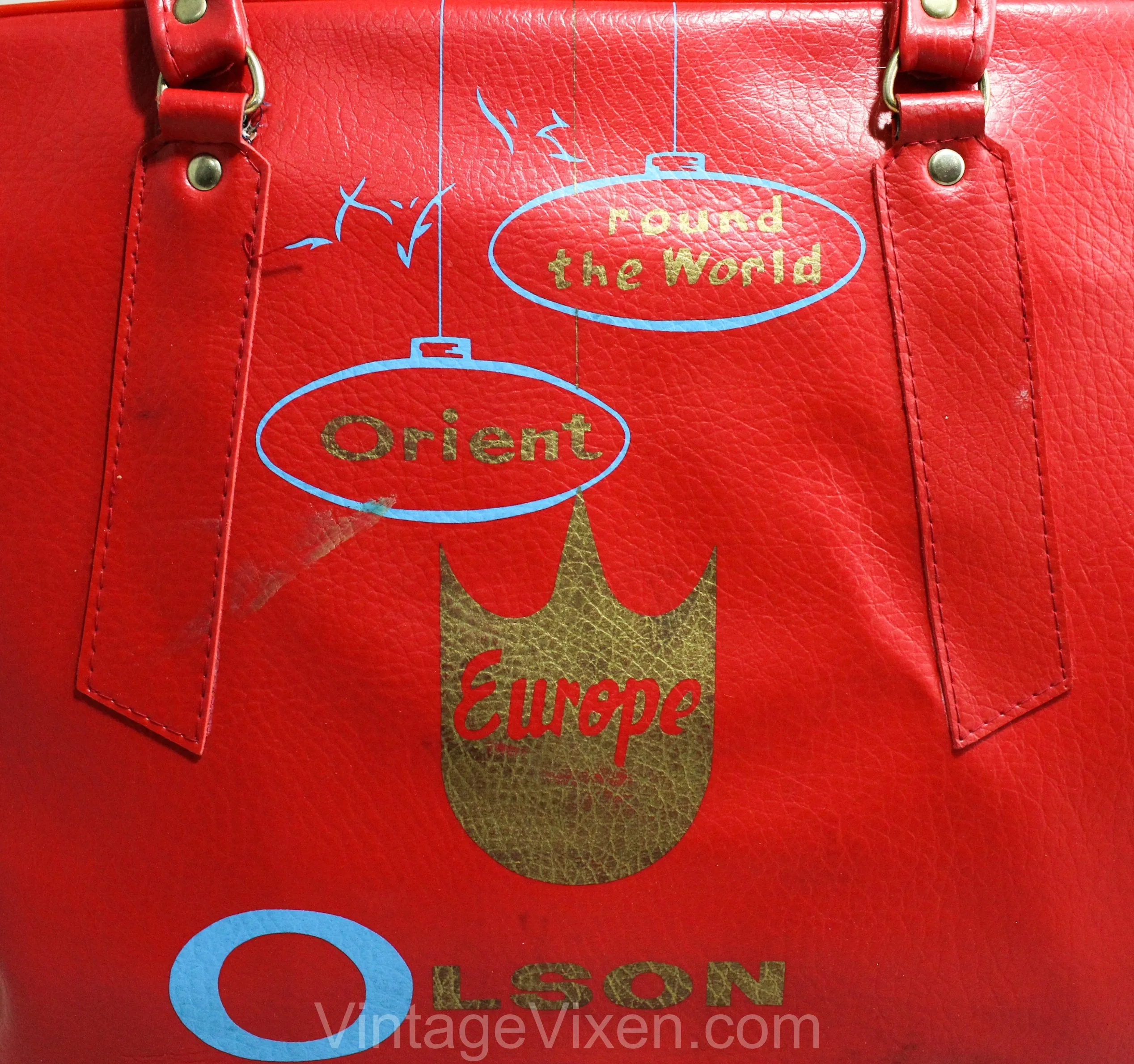 60s Red Tote Bag - Mod Travel Luggage - 1960s World Traveler Flight Suitcase - Mid Century Print Vinyl Travel Agency Logo - Two Handle Bag