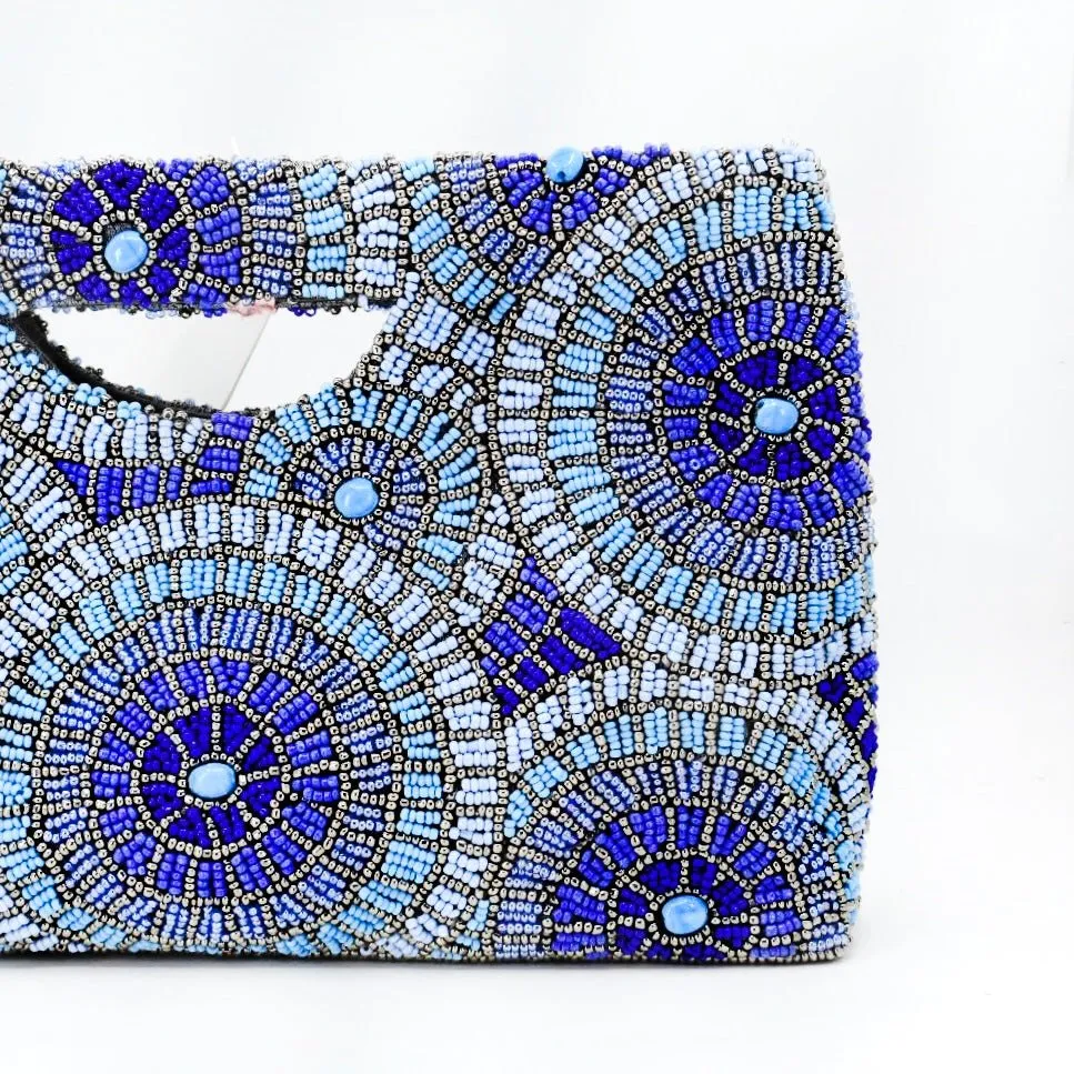 Beaded Statement Clutch, True Blue Radiant Circle Mosaic, Bespoke Design