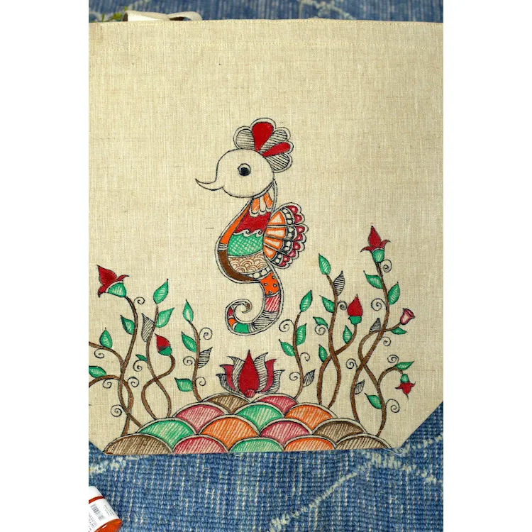 Beige - Artisan Elegance Handpainted Cotton Jute Tote Bag
