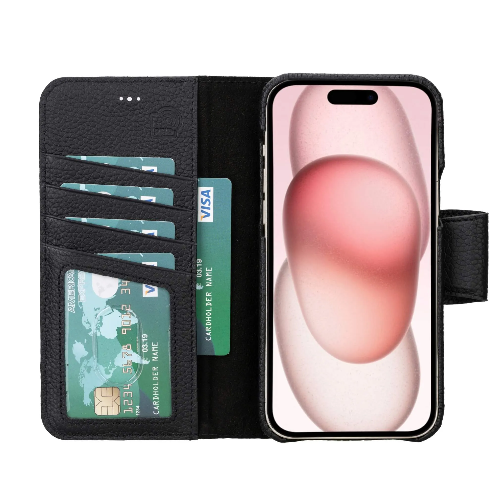 Burkley iPhone 15 Plus Wallet Case, Pebble Black