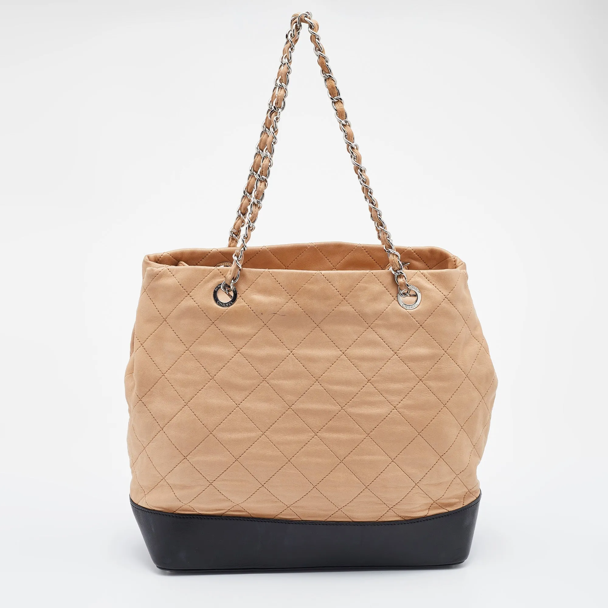 Chanel Beige/Black Quilted Leather CC Chain Link Tote