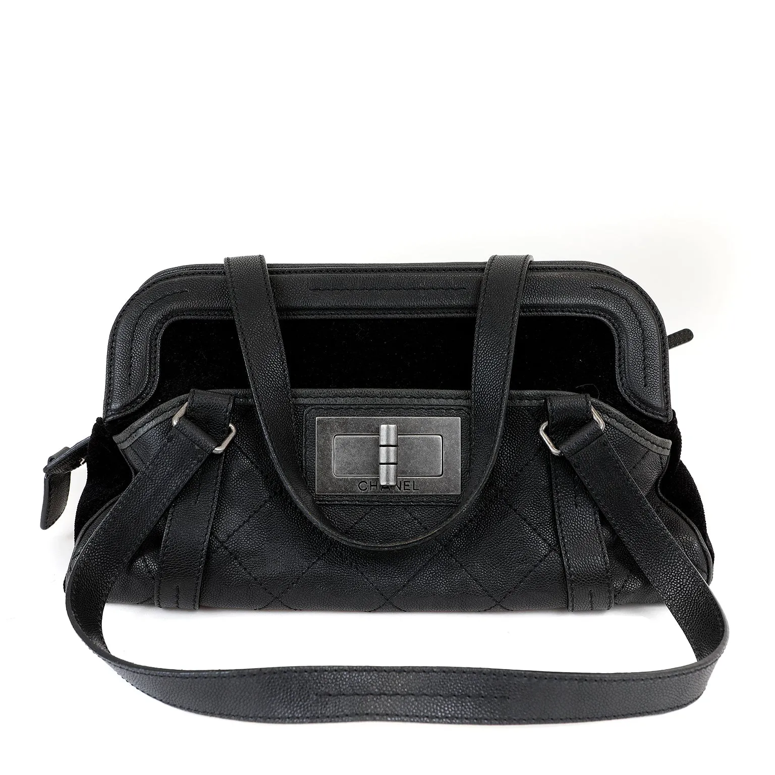 Chanel Black Double Pocket Tote Reissue Quilted Lambskin & Suede w/ Brushed Hardware