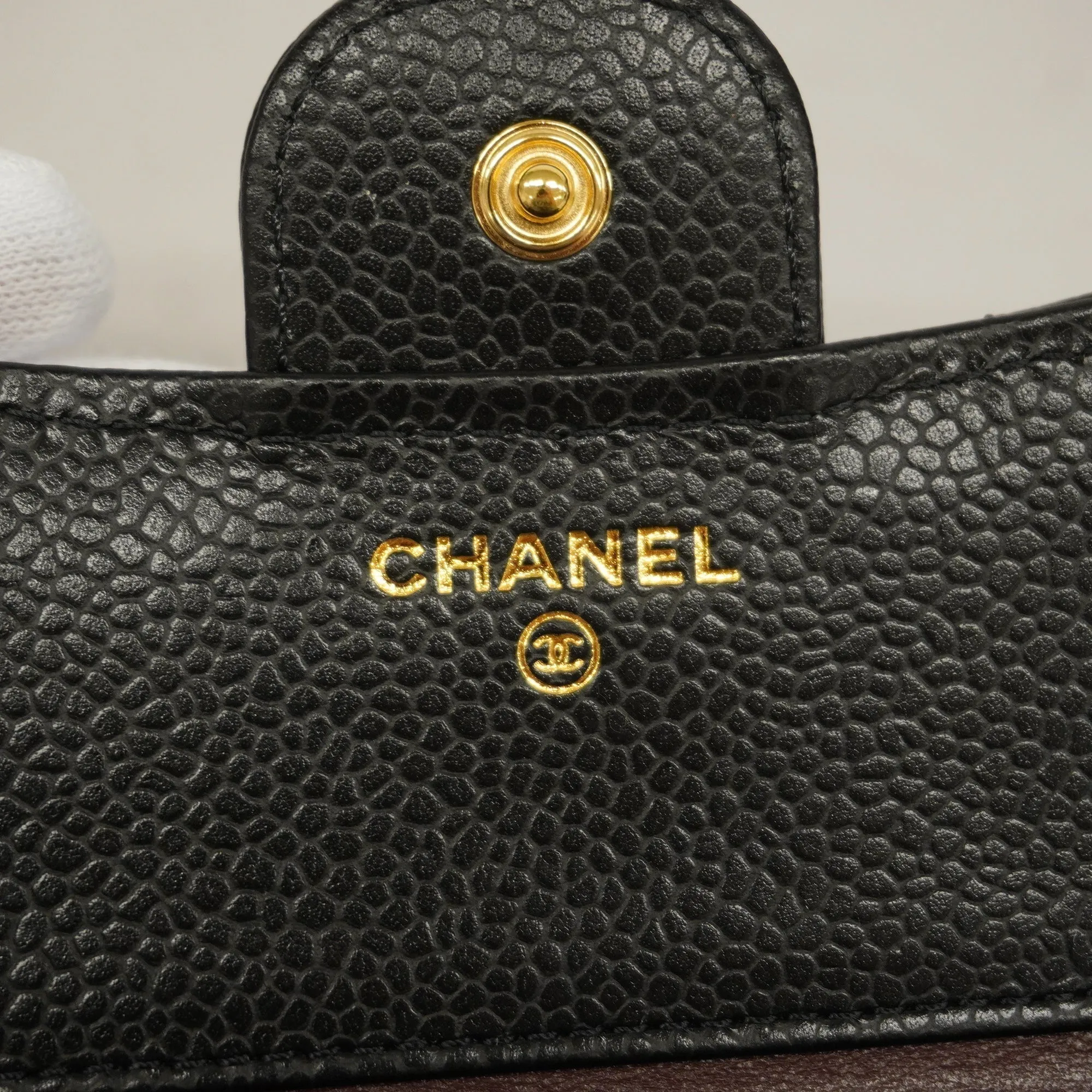 CHANEL  Matelasse Tri-fold Wallet Gold Metal Fittings Women's Caviar Leather