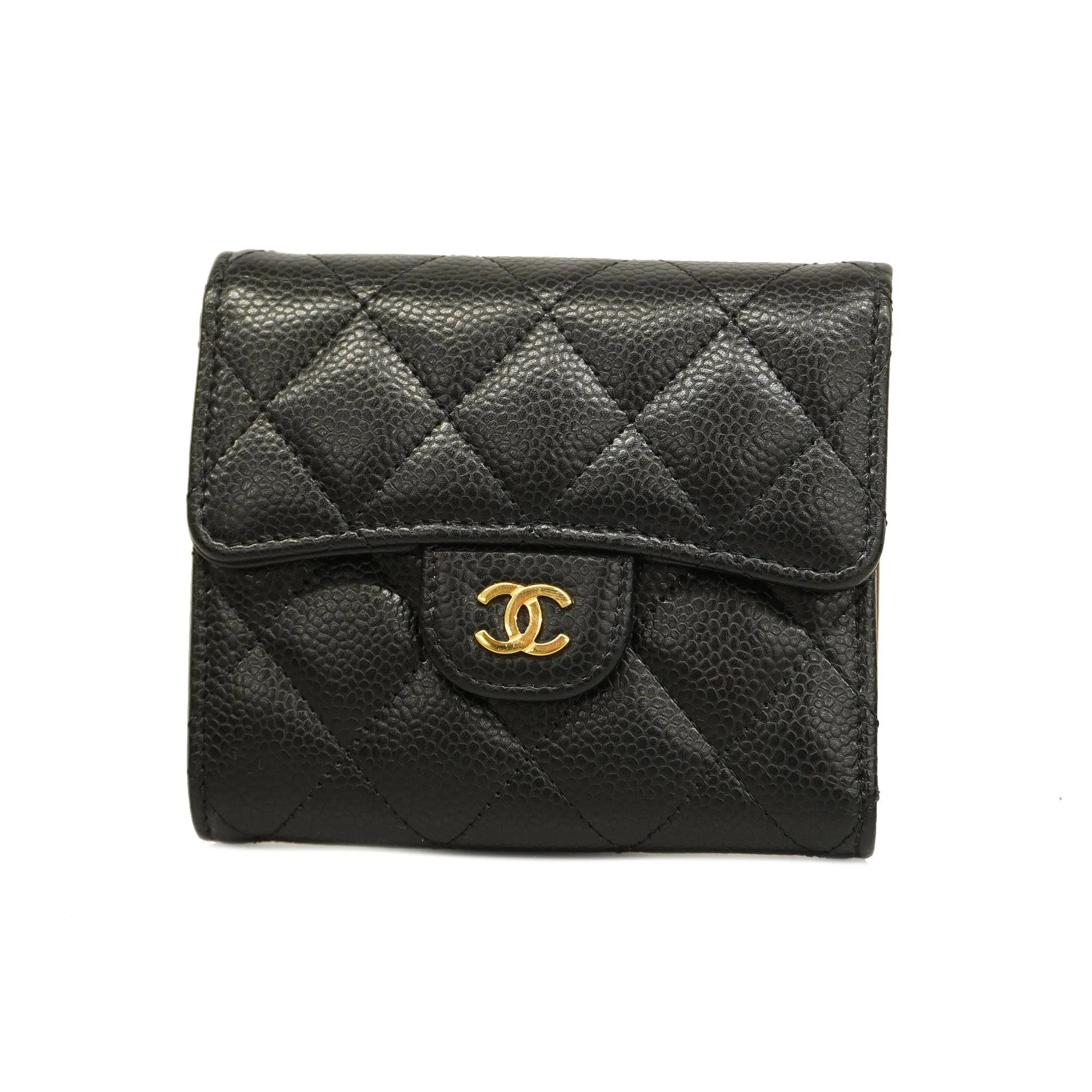 CHANEL  Matelasse Tri-fold Wallet Gold Metal Fittings Women's Caviar Leather