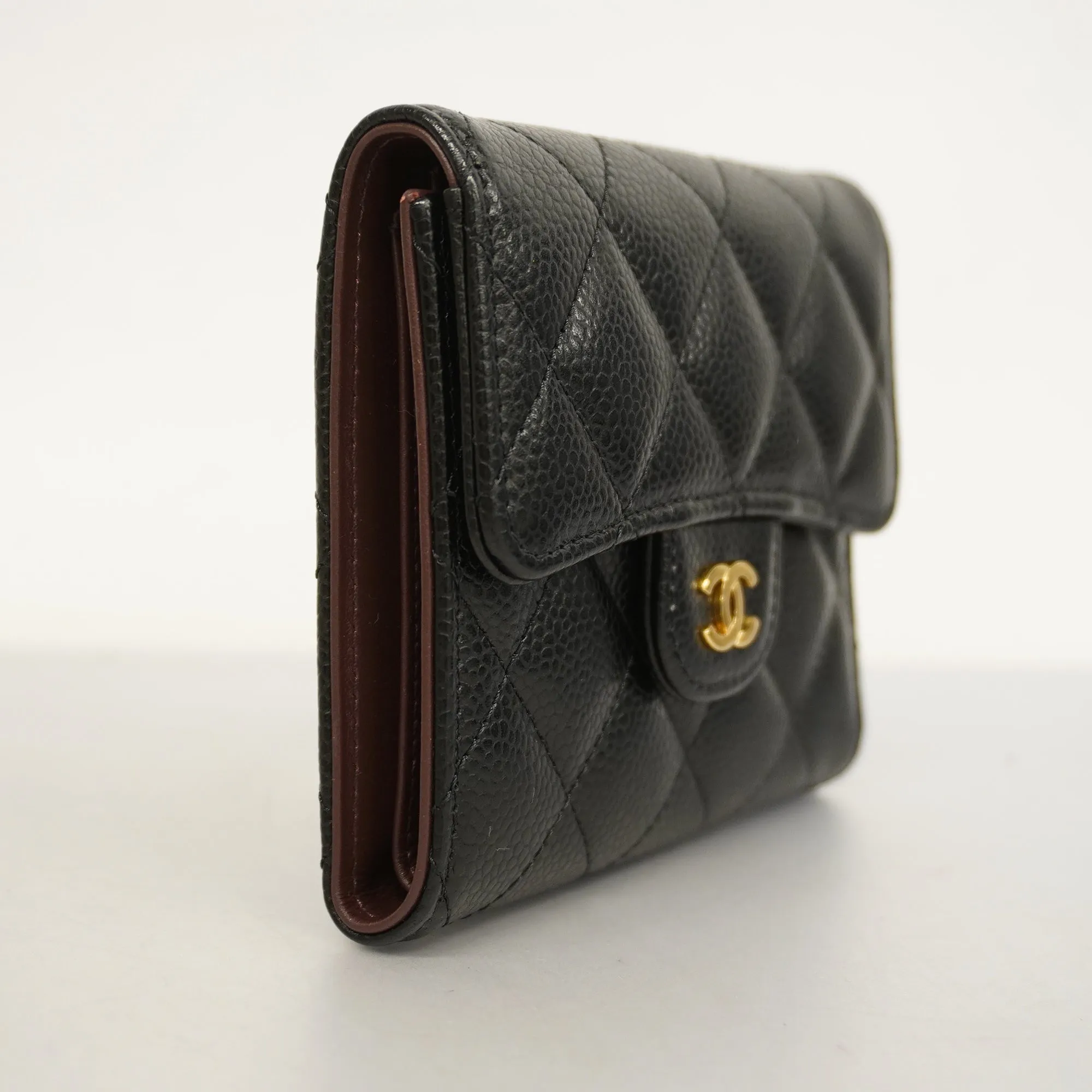 CHANEL  Matelasse Tri-fold Wallet Gold Metal Fittings Women's Caviar Leather