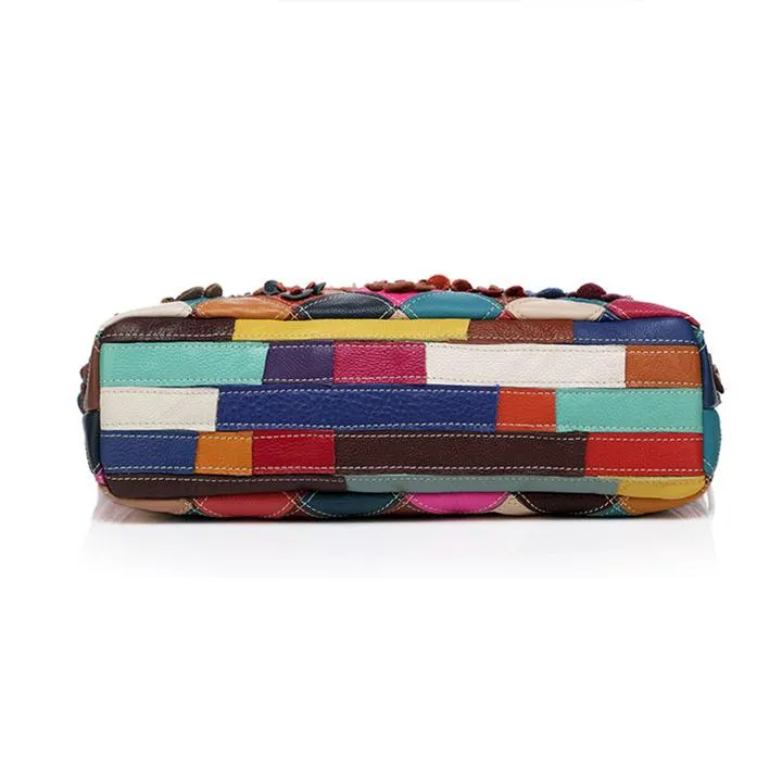 Contrast Color Genuine Leather Multicolor Flower Tote