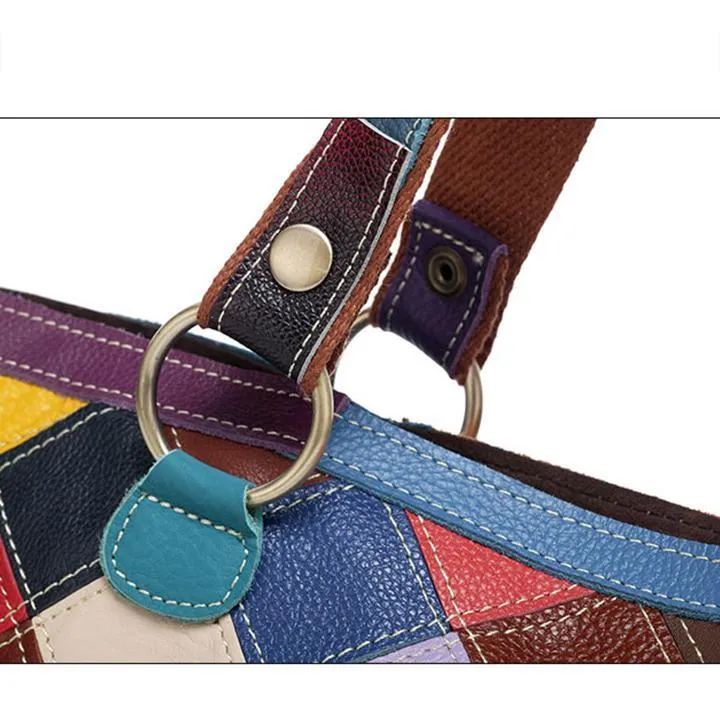 Contrast Color Genuine Leather Multicolor Flower Tote
