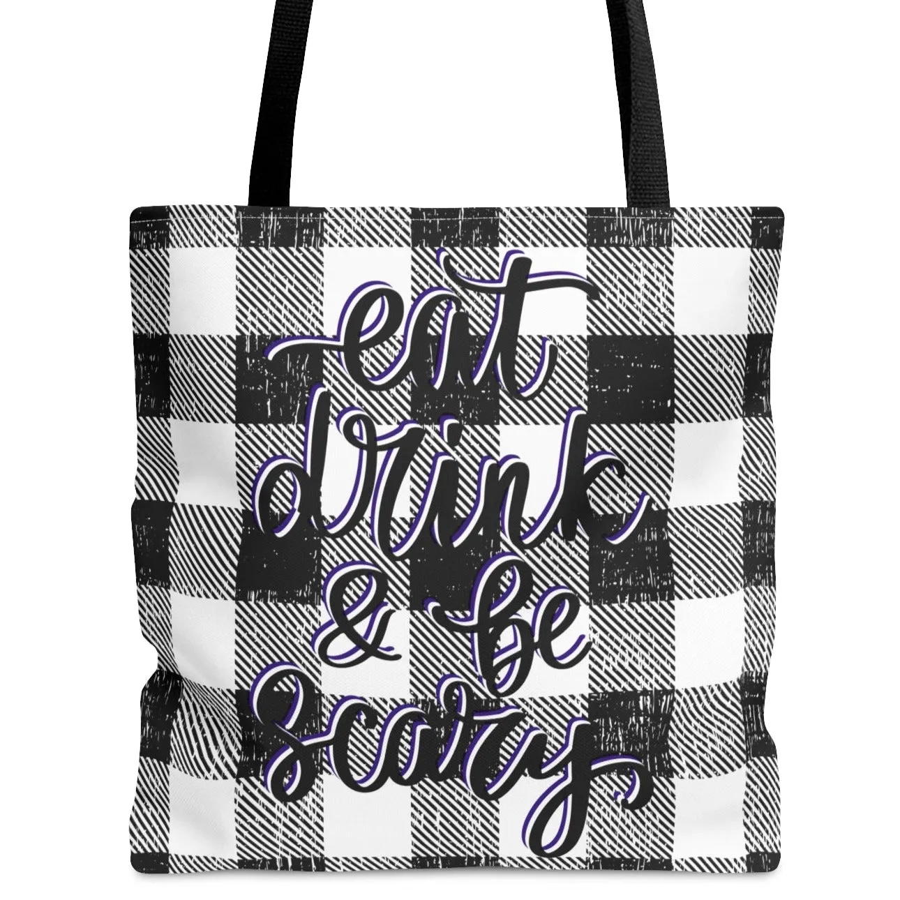 Eat, Drink, and Be Scary on Black & White Check Large Tote Bag - Spooky Halloween Fashion Accessory