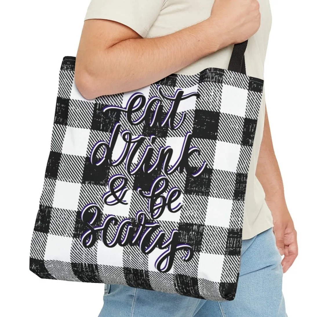 Eat, Drink, and Be Scary on Black & White Check Large Tote Bag - Spooky Halloween Fashion Accessory