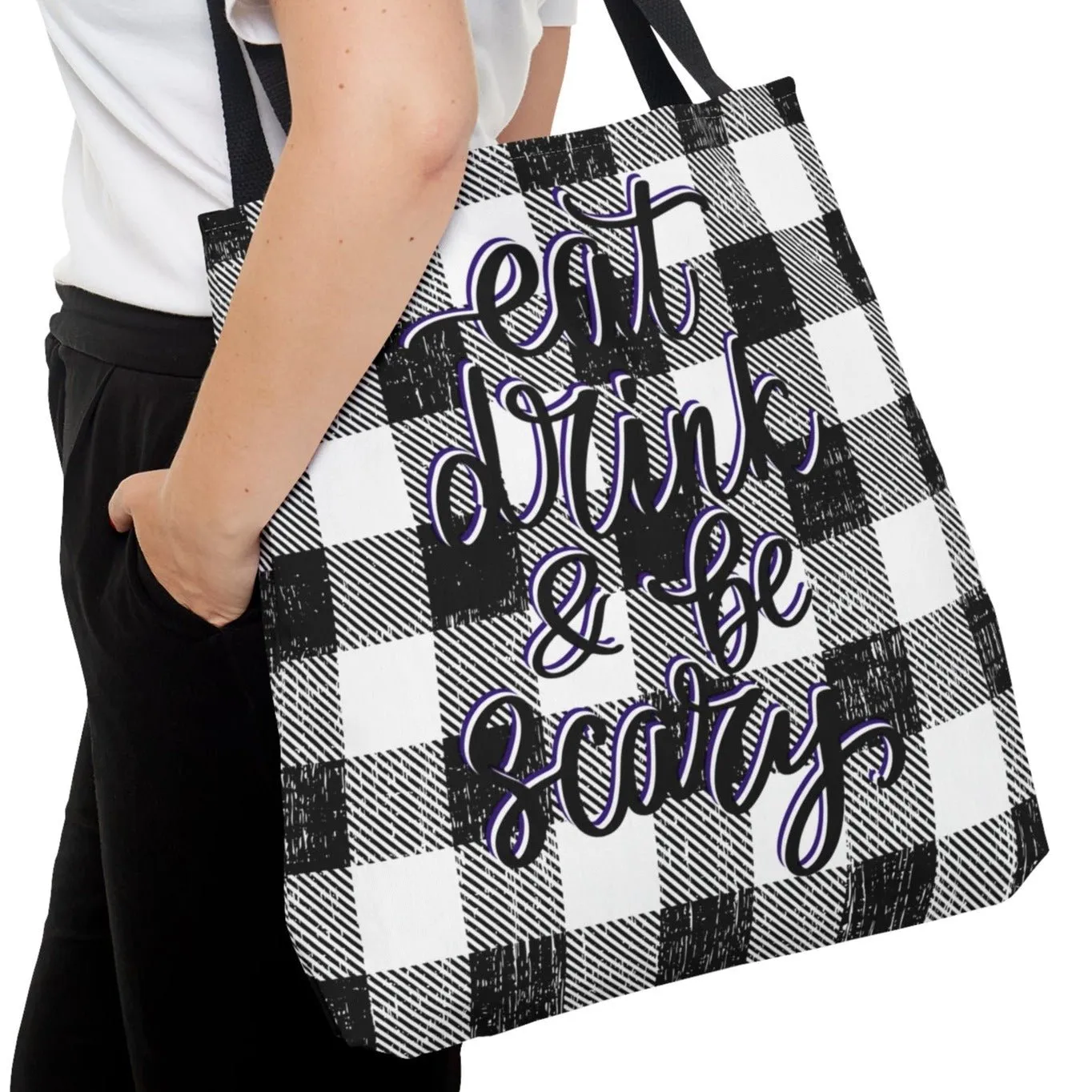 Eat, Drink, and Be Scary on Black & White Check Large Tote Bag - Spooky Halloween Fashion Accessory