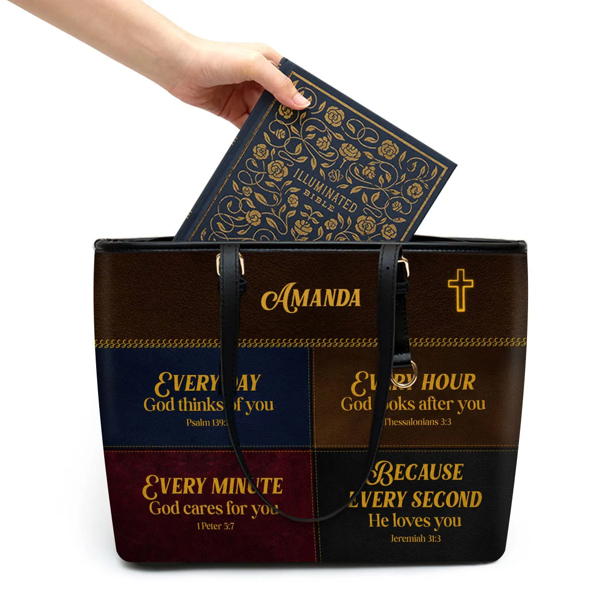 Every Hour God Looks After You Personalized Large Leather Tote Bag - Christian Gifts For Women