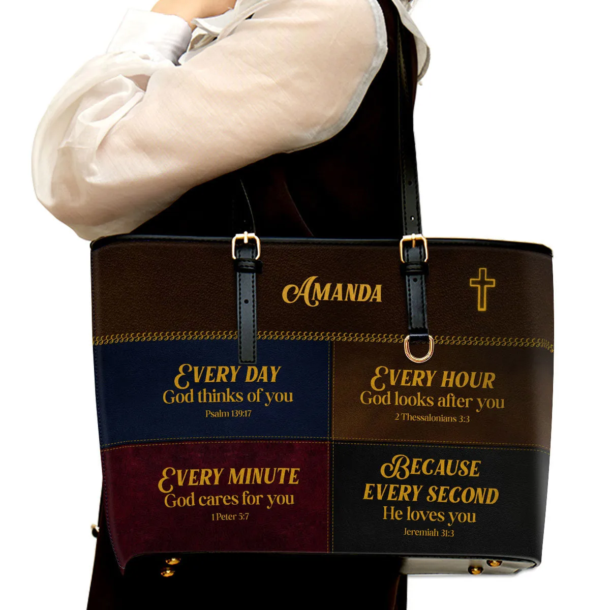 Every Hour God Looks After You Personalized Large Leather Tote Bag - Christian Gifts For Women