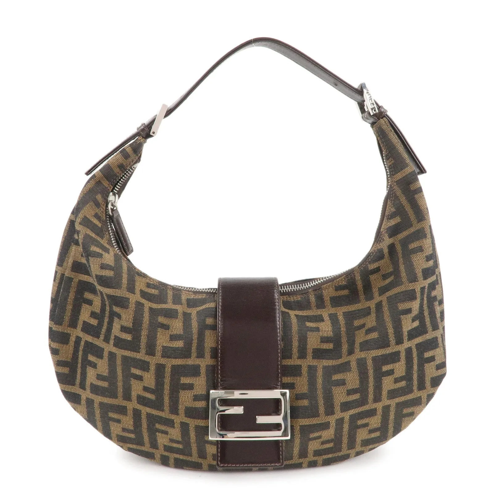 FENDI Zucca Canvas Leather Shoulder Bag Brown Black 0916321001