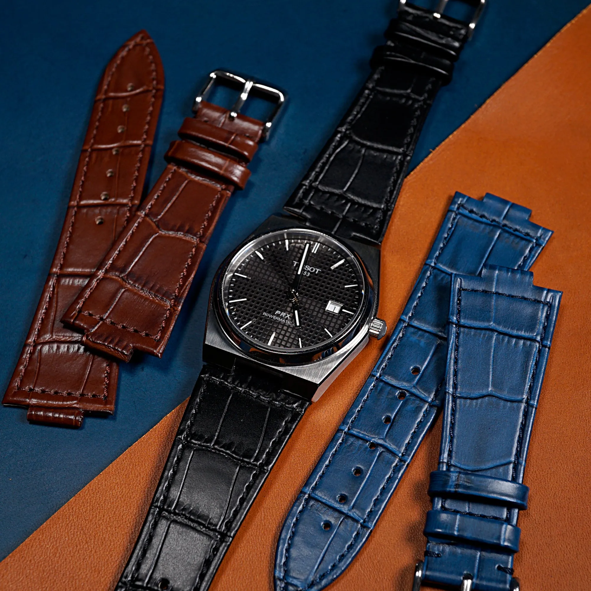 Genuine Croc Pattern Leather Watch Strap in Black (Tissot PRX 40mm)