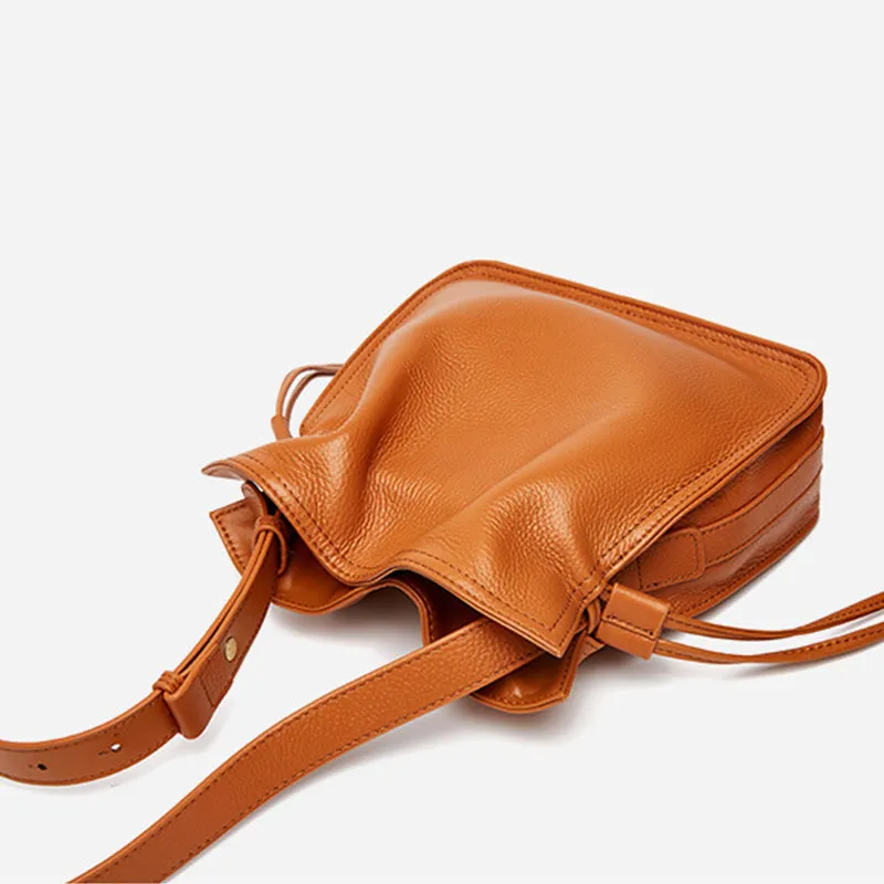 Genuine Leather Drawstring Bucket Bag Crossbody Purse