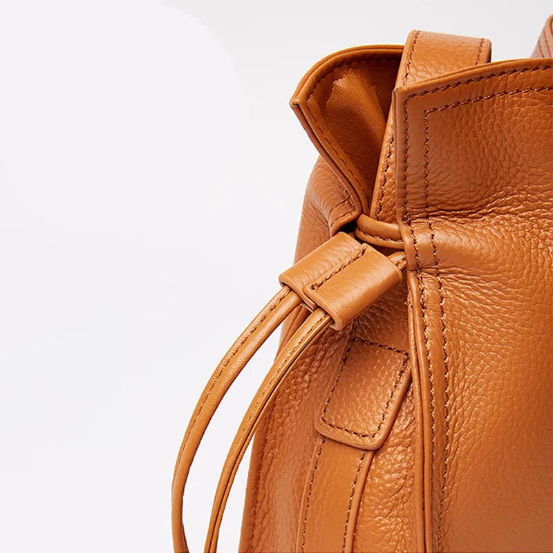 Genuine Leather Drawstring Bucket Bag Crossbody Purse
