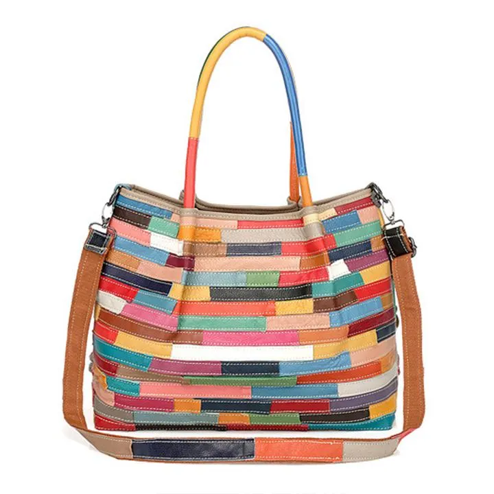 Genuine Leather Multicolor Flower Boho Handbag