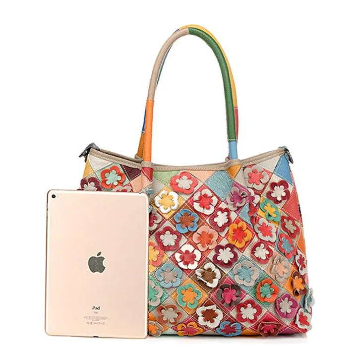 Genuine Leather Multicolor Flower Boho Handbag