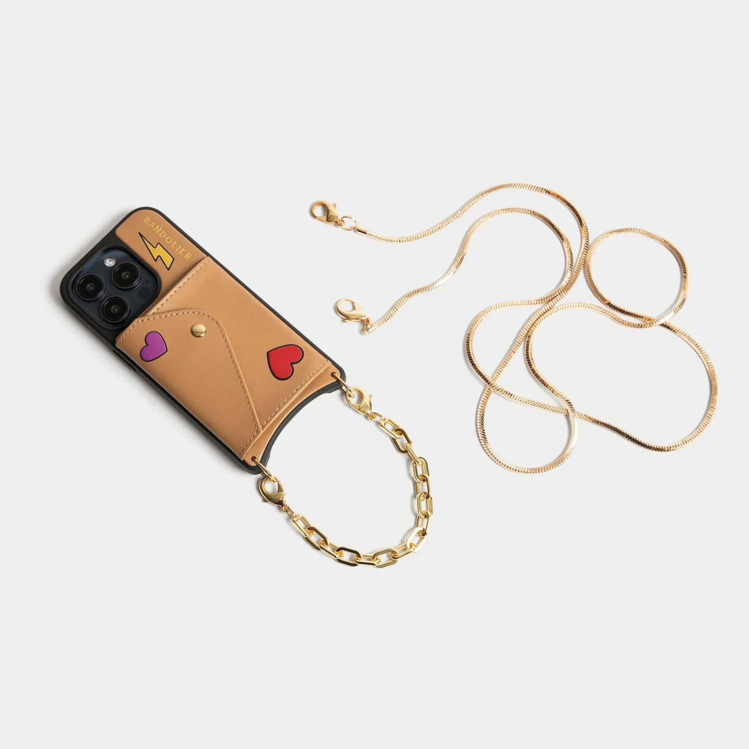 Gia Bolt Side Slot Leather Crossbody Bandolier Set - Electric Heart/Tan/Gold