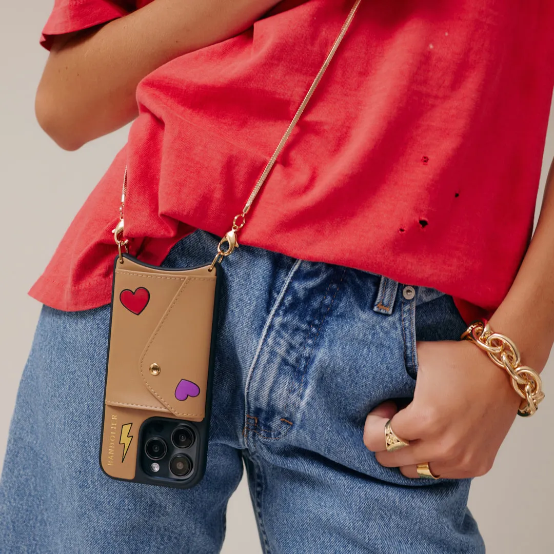 Gia Bolt Side Slot Leather Crossbody Bandolier Set - Electric Heart/Tan/Gold