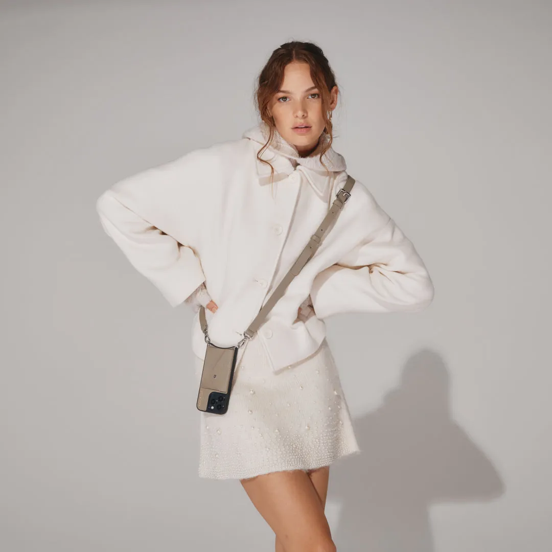 Hailey Side Slot Leather Crossbody Bandolier - Greige/Silver