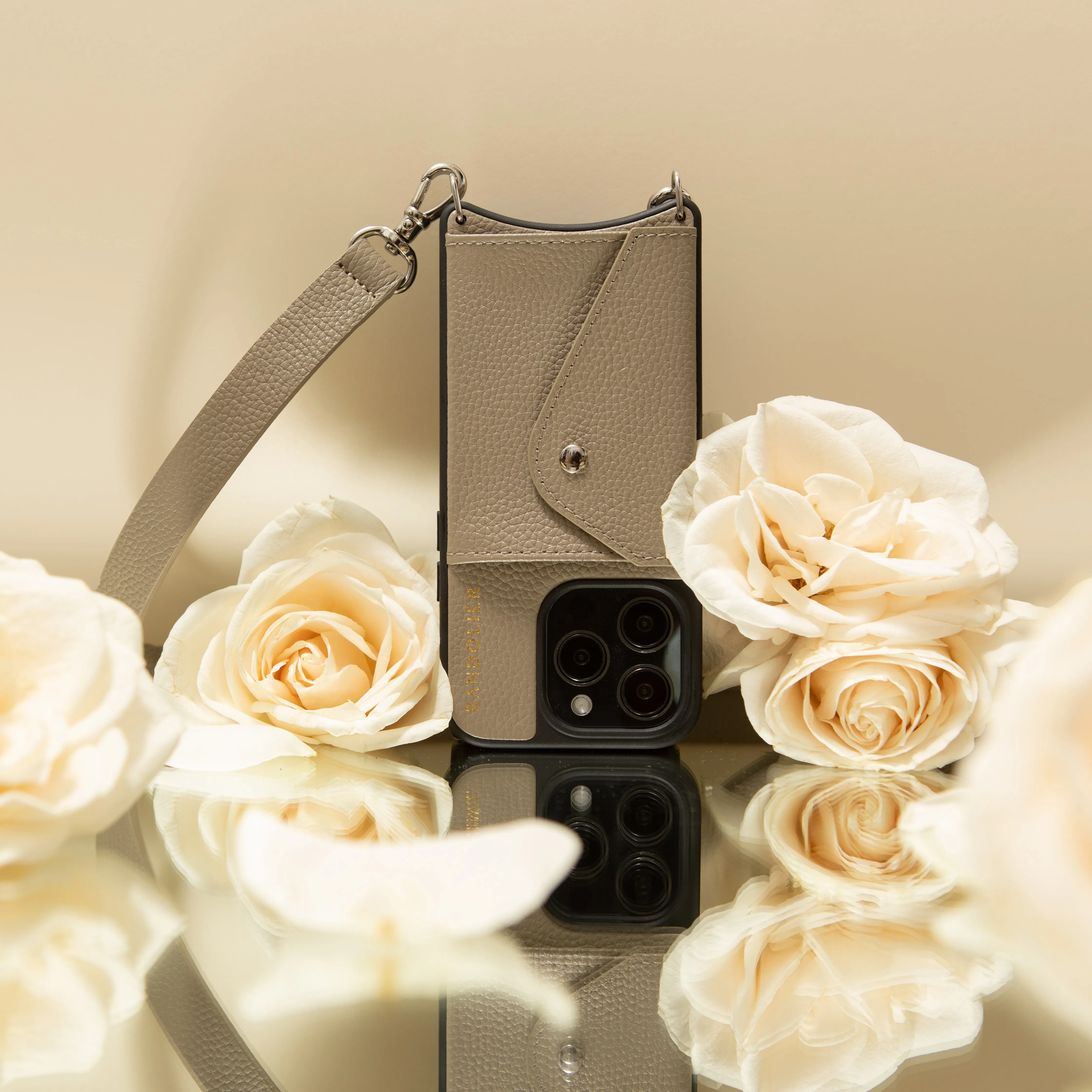 Hailey Side Slot Leather Crossbody Bandolier - Greige/Silver