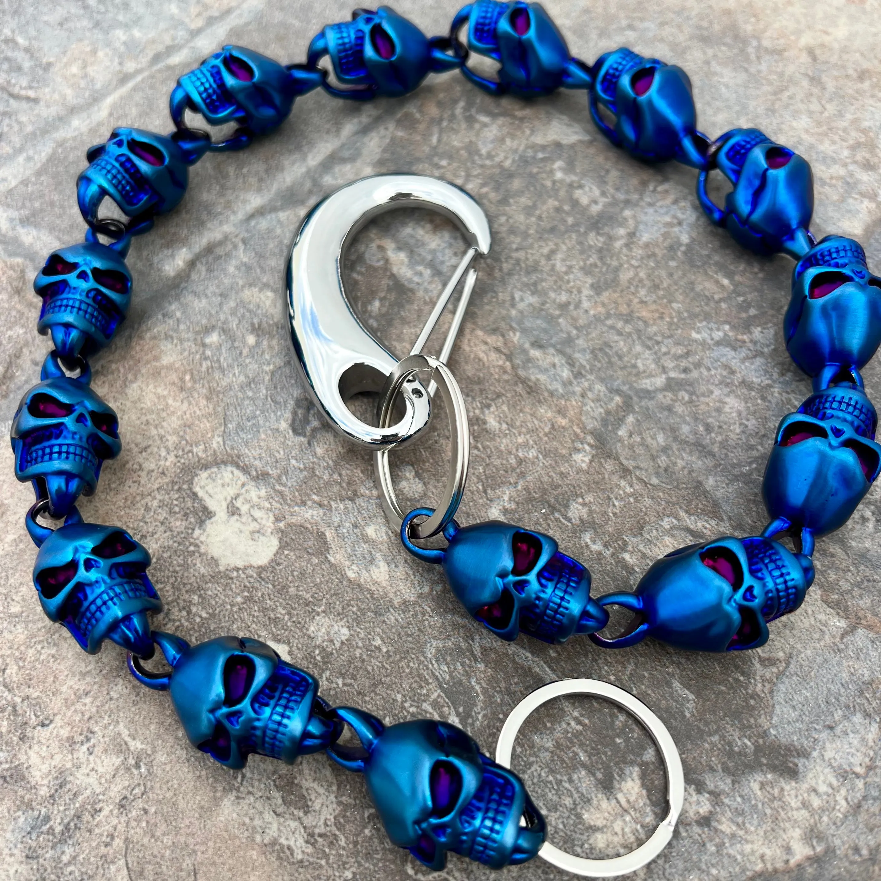 Hellride Classic Skull Wallet Chain Matte Blue 1.5" - W/ Sanity’s Polished Hook Clip