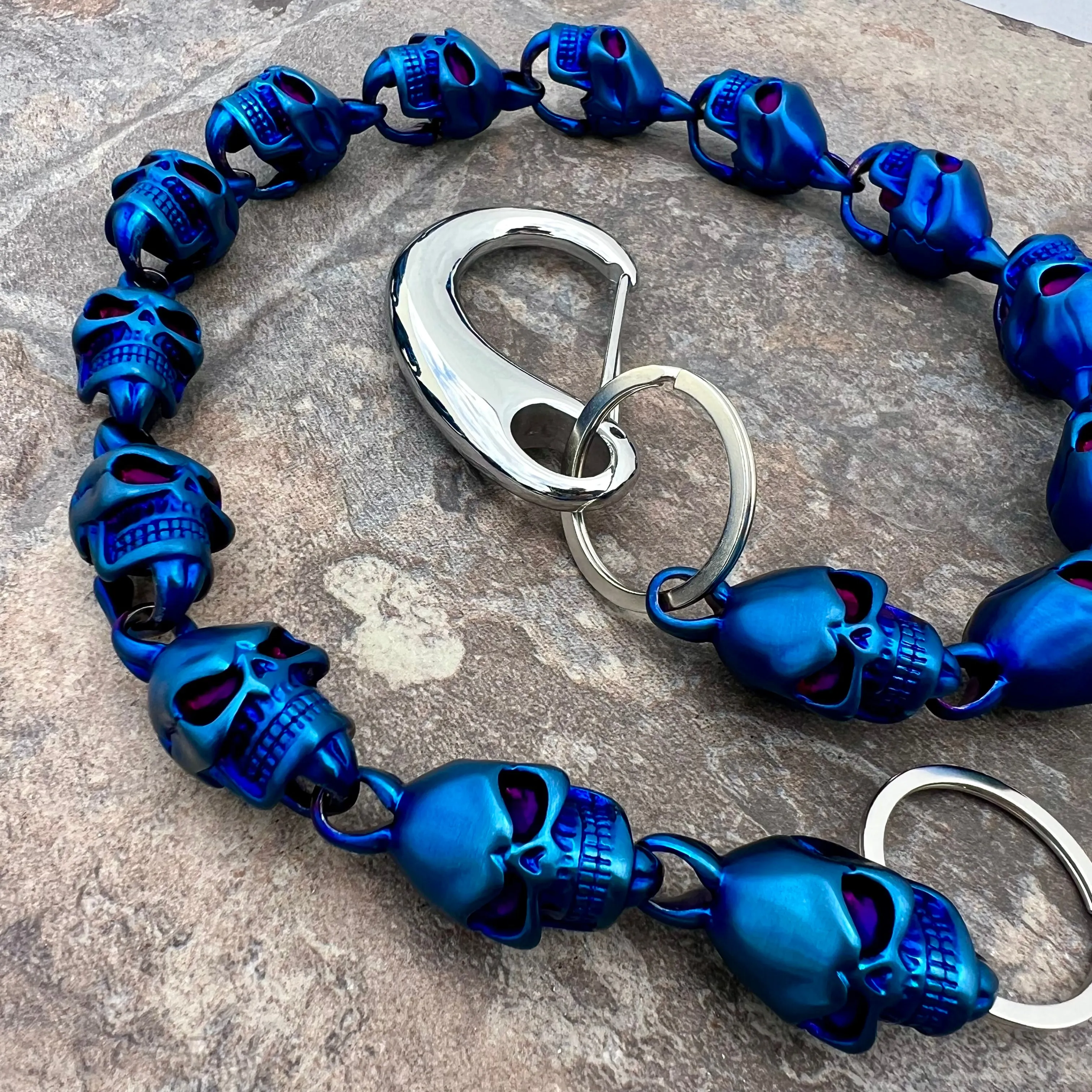 Hellride Classic Skull Wallet Chain Matte Blue 1.5" - W/ Sanity’s Polished Hook Clip