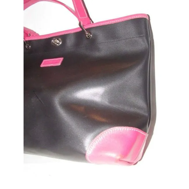 Longchamp Black Heavy Canvas And Hot Pink Leather Tote