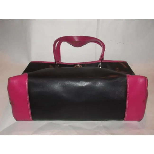 Longchamp Black Heavy Canvas And Hot Pink Leather Tote
