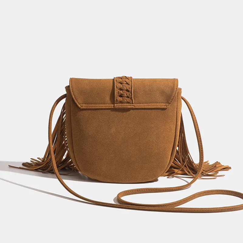 Suede Leather Crossbody Bag Darkgoldenrod Tassel Purse For Women