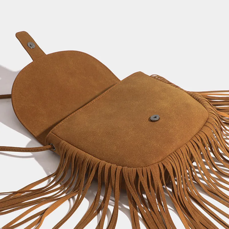 Suede Leather Crossbody Bag Darkgoldenrod Tassel Purse For Women