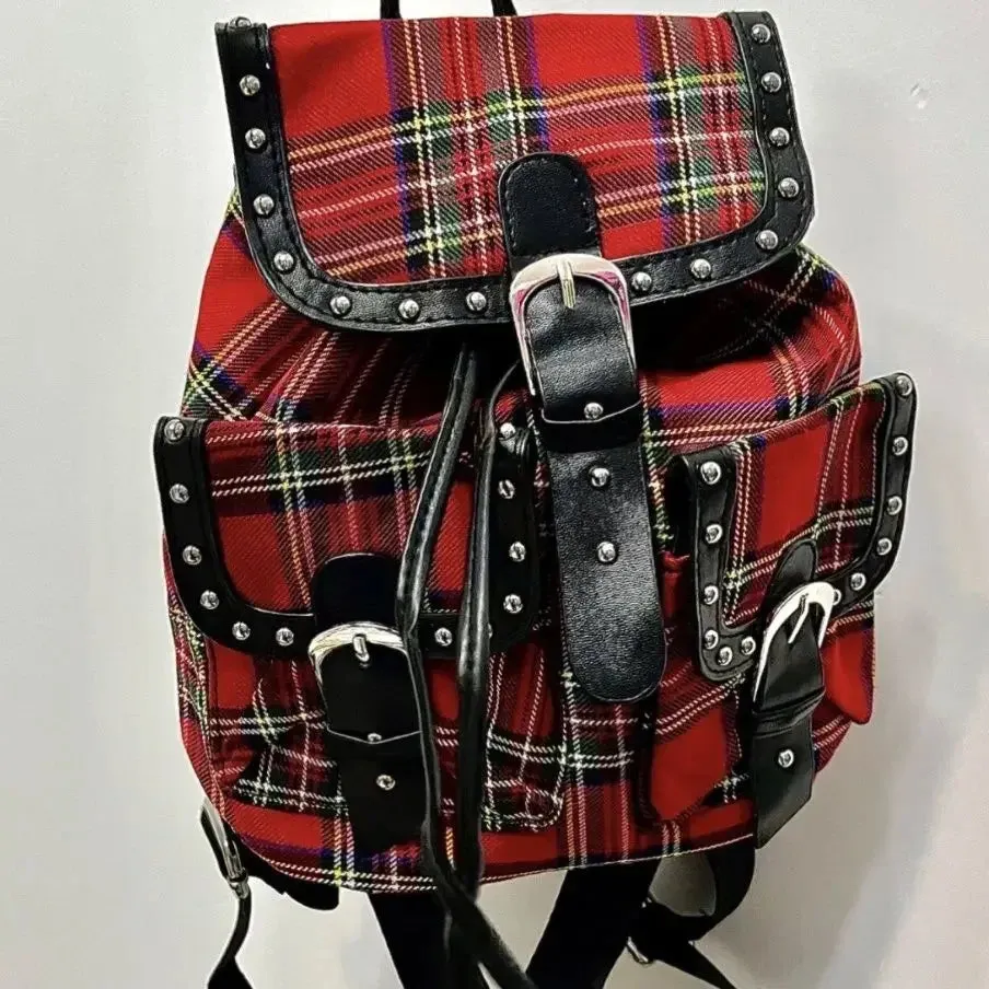 TAVIMART  -  British Academy Style Plaid Pattern Large Capacity Backpack Sweet Cool Niche Multiple Pockets Gothic High Street Travel Backpack