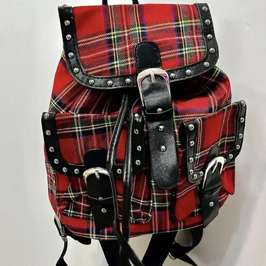 TAVIMART  -  British Academy Style Plaid Pattern Large Capacity Backpack Sweet Cool Niche Multiple Pockets Gothic High Street Travel Backpack