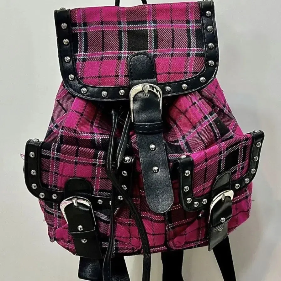 TAVIMART  -  British Academy Style Plaid Pattern Large Capacity Backpack Sweet Cool Niche Multiple Pockets Gothic High Street Travel Backpack