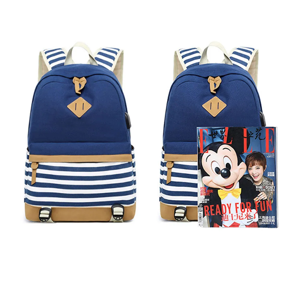 Teens School Backpack Stripe Prints Travel Backpack Set With Built-in USB Charge Porting