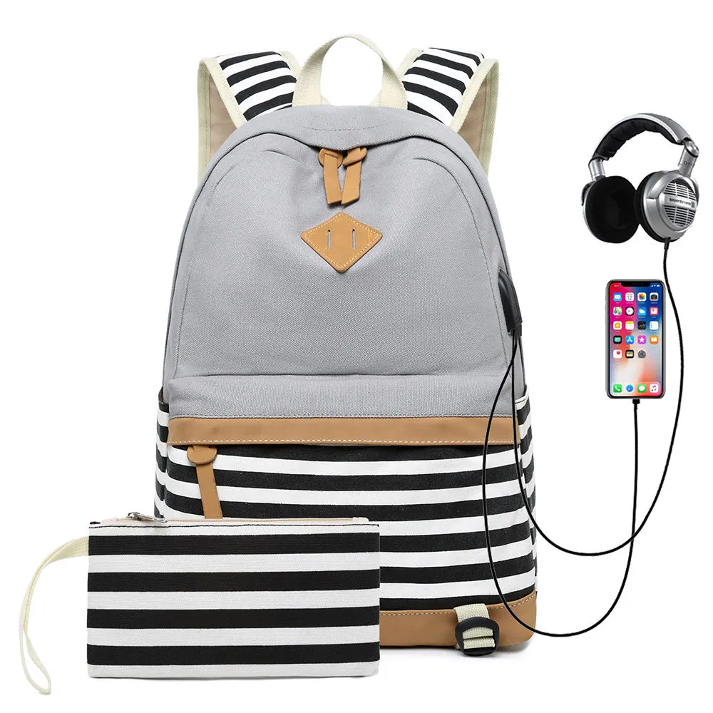 Teens School Backpack Stripe Prints Travel Backpack Set With Built-in USB Charge Porting