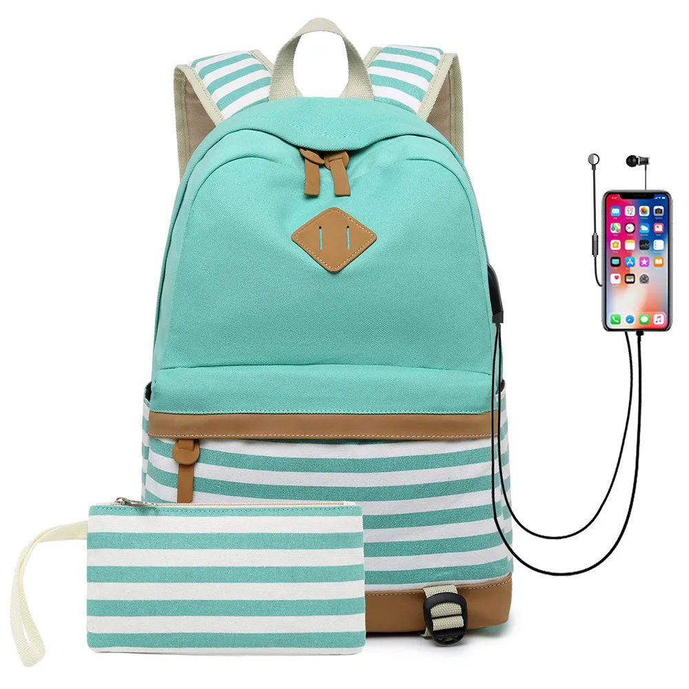 Teens School Backpack Stripe Prints Travel Backpack Set With Built-in USB Charge Porting