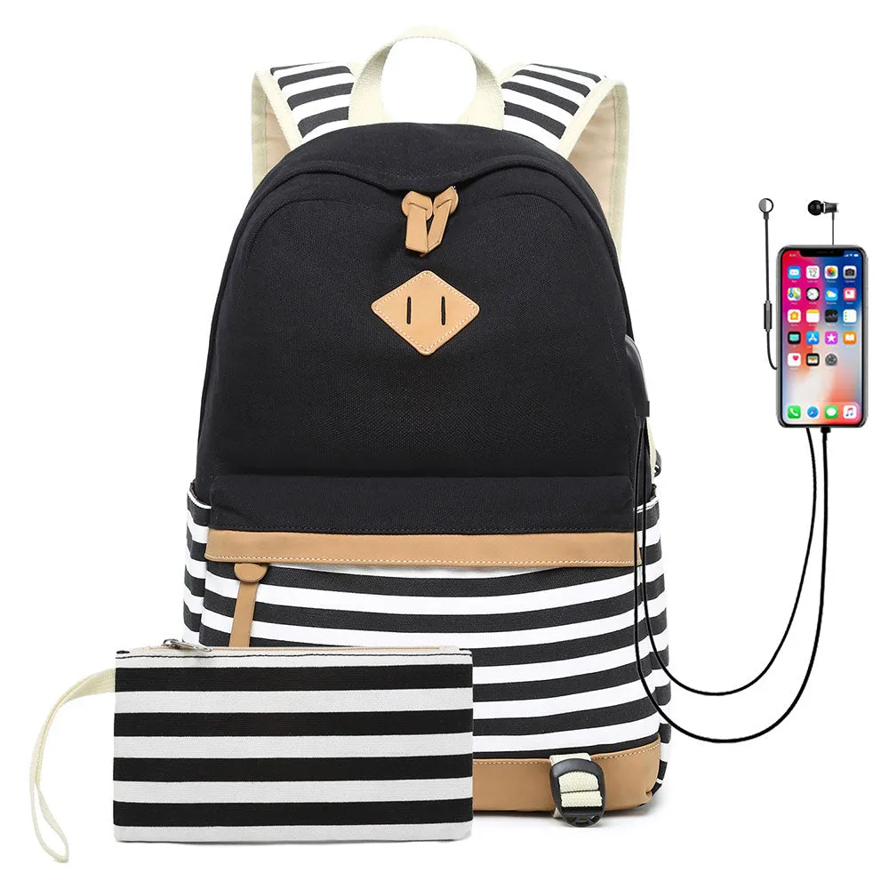 Teens School Backpack Stripe Prints Travel Backpack Set With Built-in USB Charge Porting