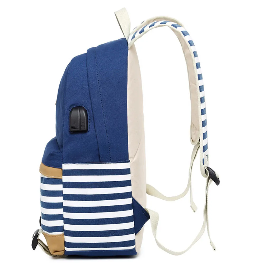 Teens School Backpack Stripe Prints Travel Backpack Set With Built-in USB Charge Porting